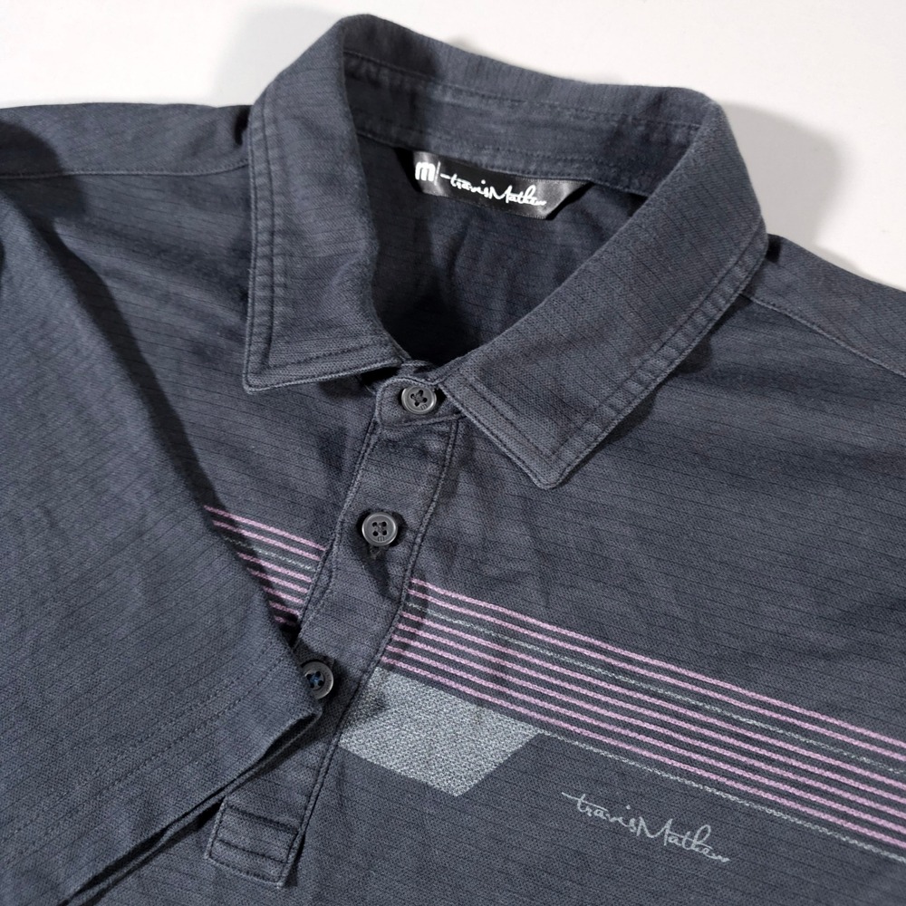 Travis Mathew Polo Shirt Mens Medium Charcoal Grey Purple Striped Pima Cotton - Picture 1 of 7